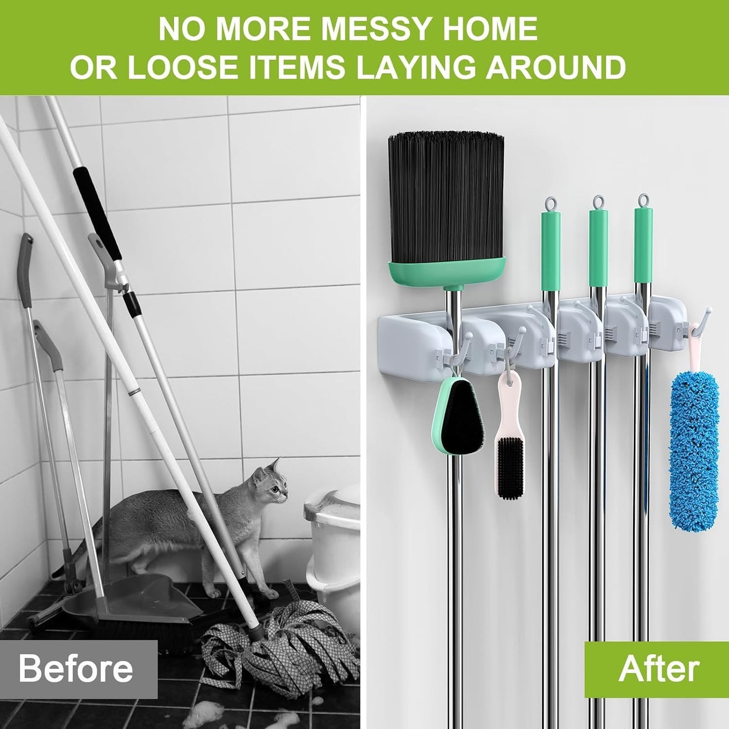 Adhesive Wall Mounted Mop & Broom Holder with Hooks – No Drilling!